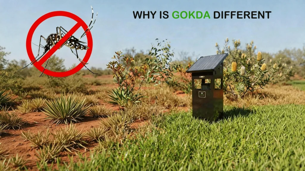 Gokda solar-powered mosquito control system protecting an Australian backyard