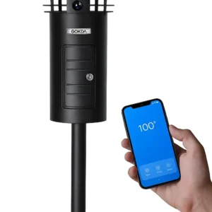 The GOKDA X3 smart outdoor device (mosquito trap or repellent unit) displayed next to a hand using its dedicated mobile application for remote control, setup, and status checks.