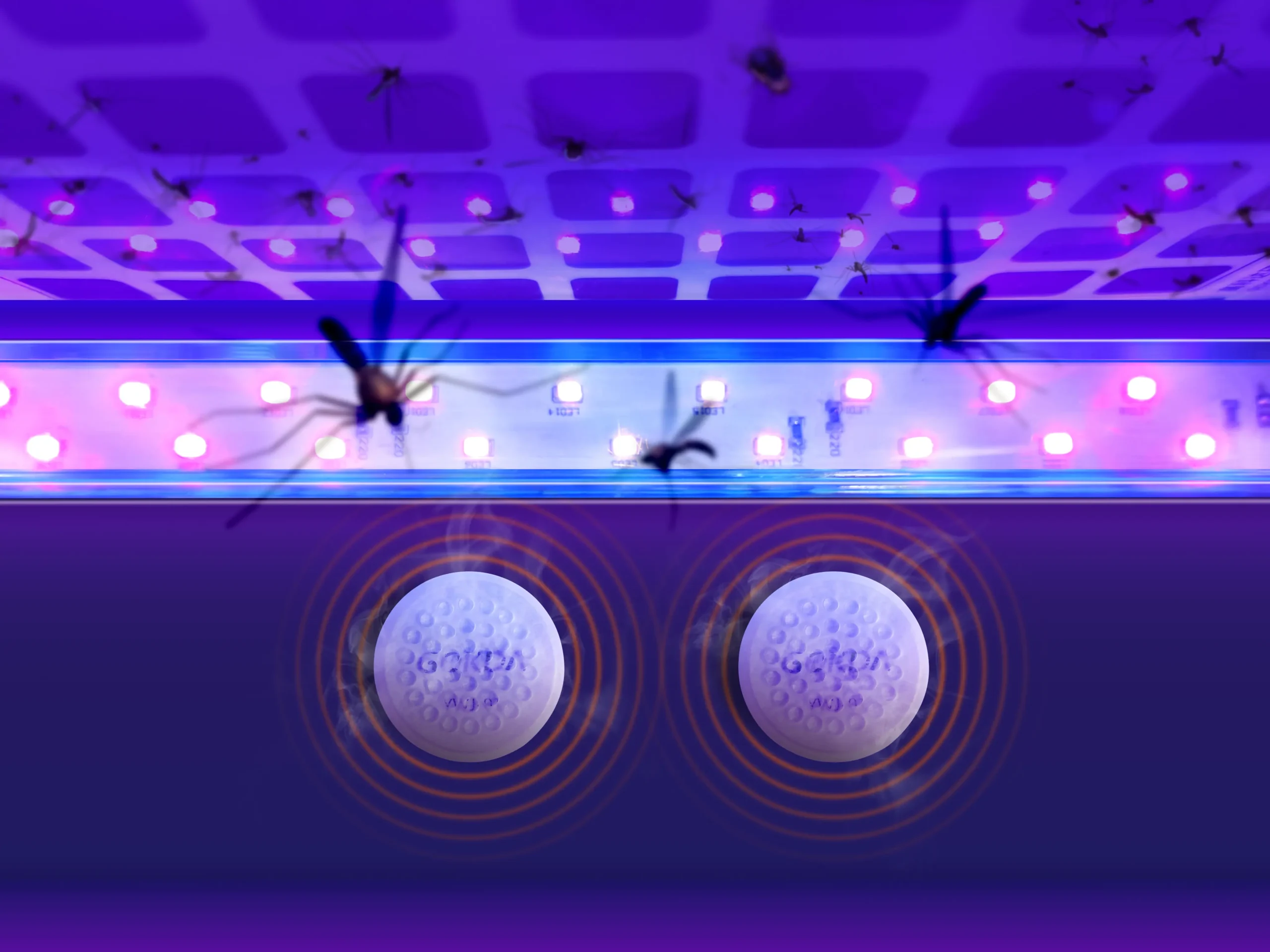 Closed up Interior view of GOKDA Nest 2 mosquito trap with UV LED lights powered on, glowing blue amidst surrounding sticky glue boards.
