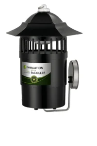 The WB-01 wall-mounted inhalation bug killer machine in a black color, featuring a solar panel roof and a secure mounting bracket for outdoor installation.