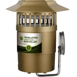 The WB-01 wall-mounted Mosquito Control Lamp in a gold/bronze color, featuring a solar panel roof and a secure mounting bracket for outdoor installation.
