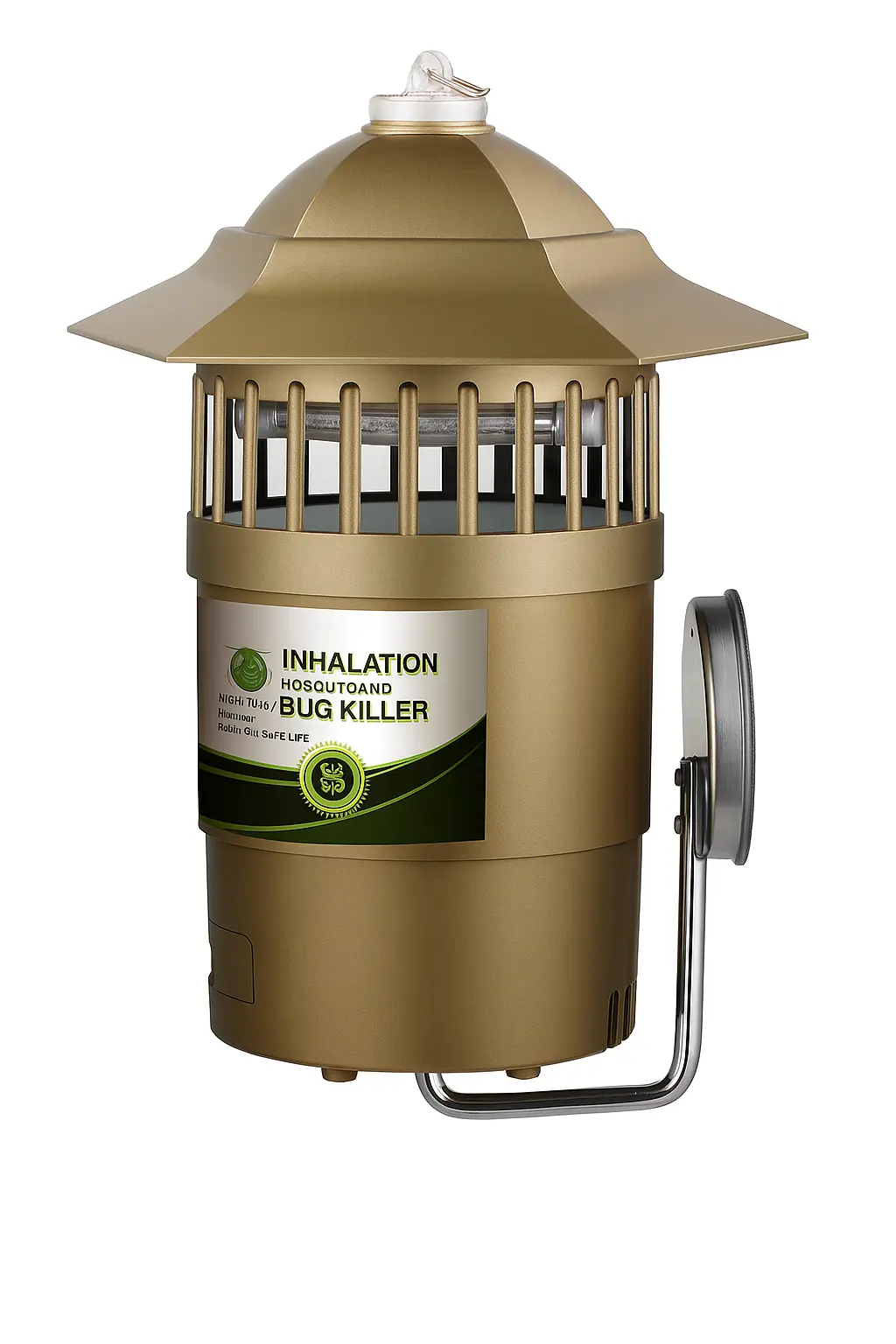 The WB-01 wall-mounted Mosquito Control Lamp in a gold/bronze color, featuring a solar panel roof and a secure mounting bracket for outdoor installation.