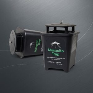 Black plastic mosquito trap bucket with a slotted lid and a side handle, comes with professional non chamical bugs attractant and adhensive board. Displayed in black back ground