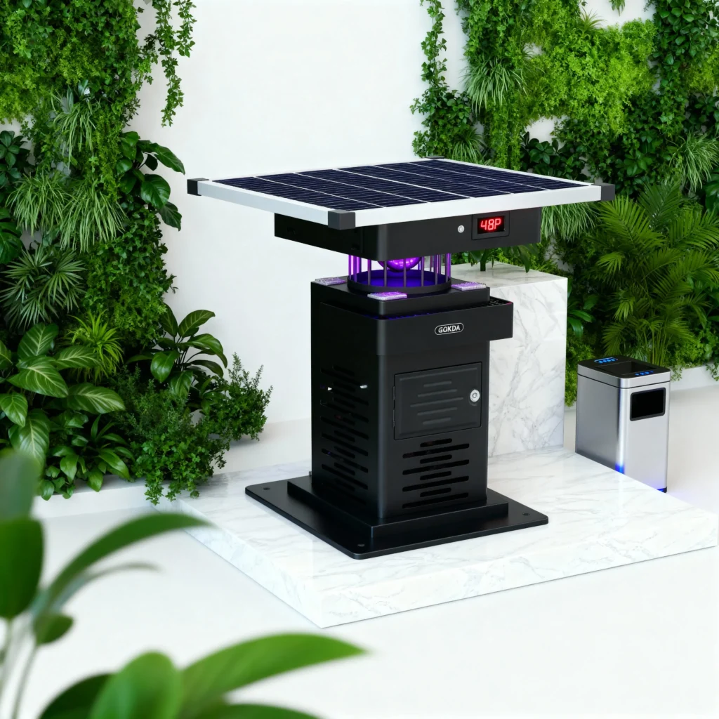 Close-up view of the GOKDA S700 industrial solar mosquito trap on a marble stand. Features a large top solar panel, active purple UV light ring, and a red digital LED display against a green living wall background.