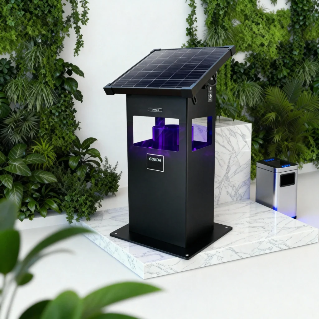 GOKDA X4 outdoor mosquito trap featuring a modern cylindrical black column design with a 360-degree UV attraction grid and rain-proof top cap.