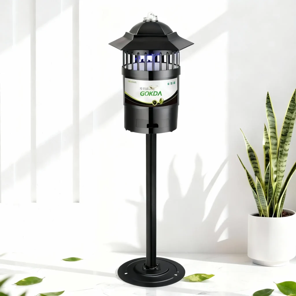 GOKDA W-03 freestanding mosquito trap in a sleek black finish, mounted on a vertical floor stand. Features active purple UV light attraction, displayed in a bright indoor room next to a potted snake plant.