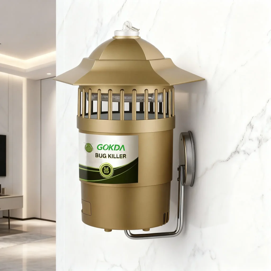 GOKDA W-01 wall-mounted mosquito trap in a gold finish, installed on a white marble feature wall in a modern showroom setting.