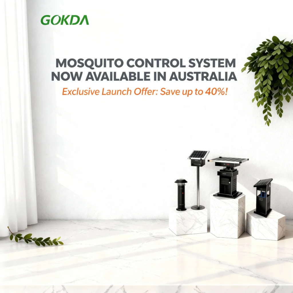 GOKDA Australia Launch: X3, X5 & S700 Series - Save 40% Promotional display of GOKDA outdoor mosquito control systems, featuring the X3 & X5 series and S700 solar traps on marble stands. Text reads "Mosquito Control System Now Available in Australia" with an "Exclusive Launch Offer: Save up to 40%".