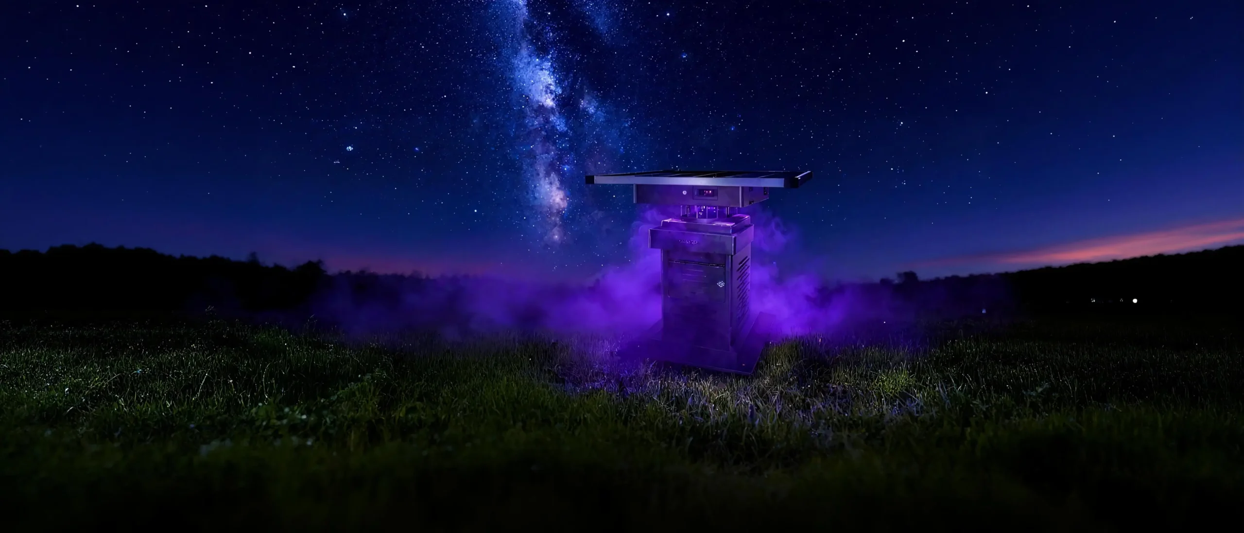 S-700 outdoor mosquito trap device displayed at night under a starry sky with purple mist.