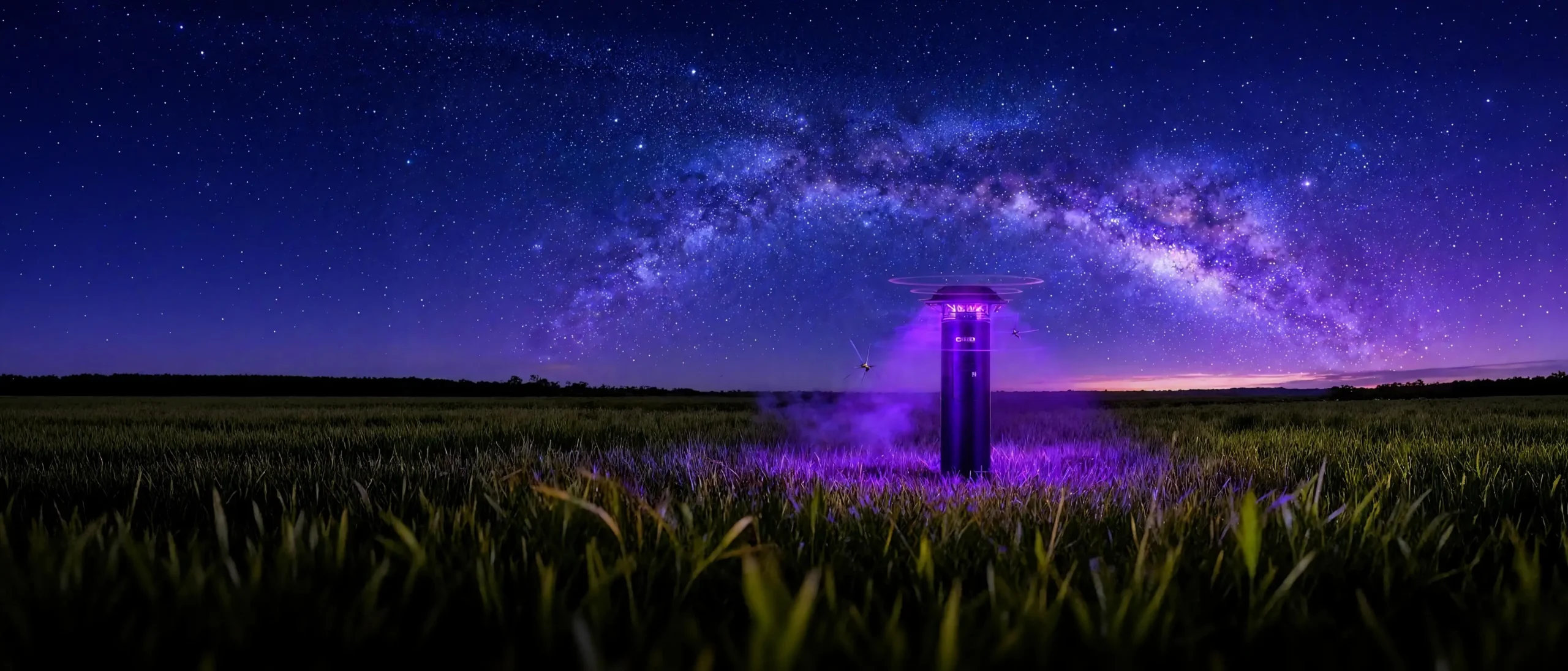 X5 outdoor mosquito trap device displayed at night under a starry sky with purple mist.