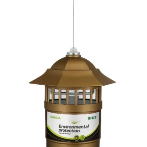 The W-B02 Hanging Mosquito Control Lamp in a striking gold/bronze finish, featuring a weatherproof lantern-style design and hanging cable for elegant outdoor placement.